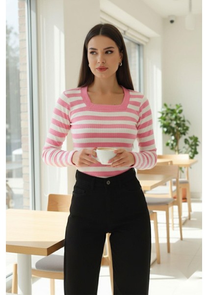 Kare Yaka Çizgili Triko Bluz Pembe