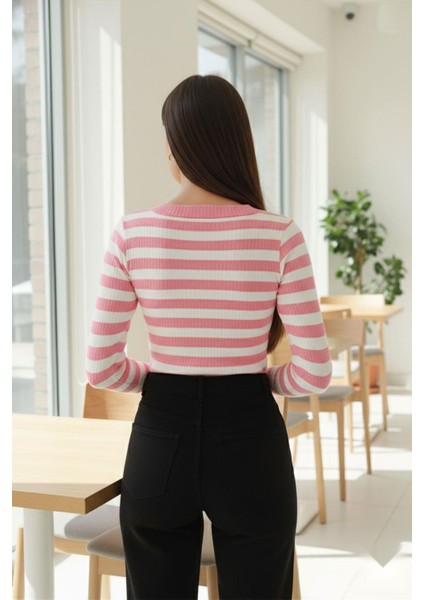 Kare Yaka Çizgili Triko Bluz Pembe modelleri