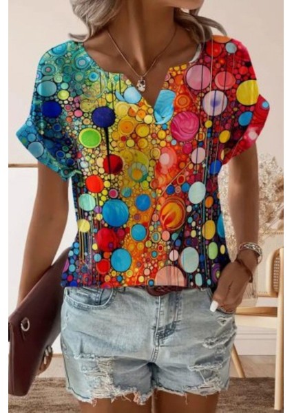 V Yaka Desenli Süprem Bluz - Desenli