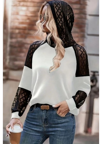 Dantel Detaylı Kapüşonlu Viskon Iki Iplik Bluz - Beyaz