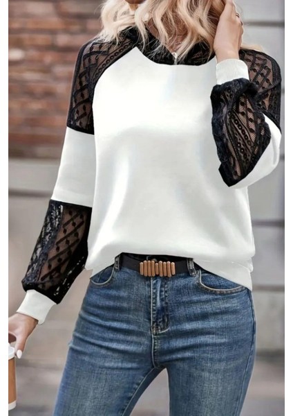 Dantel Detaylı Kapüşonlu Viskon Iki Iplik Bluz - Beyaz fiyatları