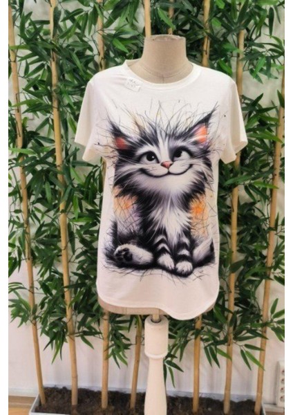 Bisiklet Yaka Kedi Baskılı Süprem Bluz - Beyaz modelleri