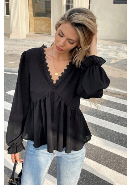 V Yaka Dantelli Aerobin Bluz - Siyah fiyatları