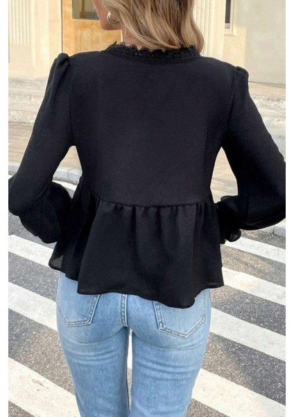 V Yaka Dantelli Aerobin Bluz - Siyah modelleri