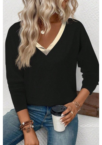 Parlak V Yaka Detaylı Viskon Bluz - Siyah fiyatları