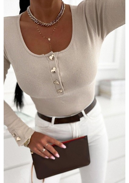 Düğmeli Uzun Kollu Kaşkorse Bluz - Bej fiyatları