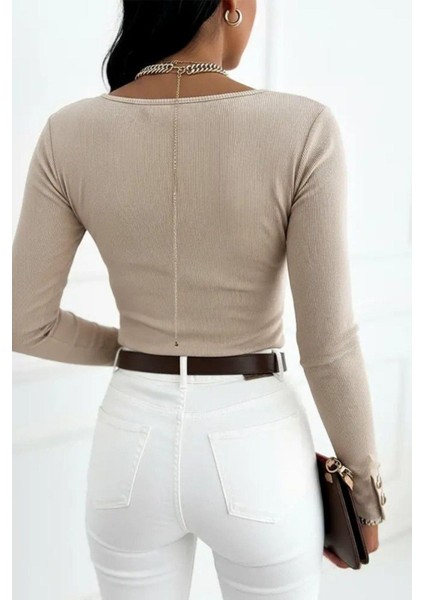 Düğmeli Uzun Kollu Kaşkorse Bluz - Bej modelleri