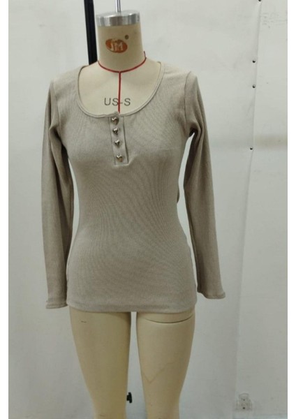 Düğmeli Uzun Kollu Kaşkorse Bluz - Bej fırsatları