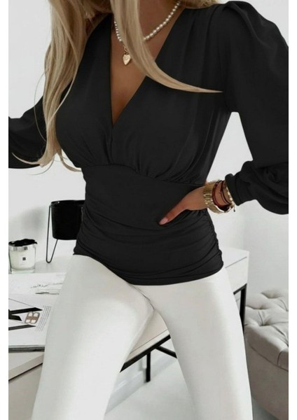Derin V Yaka Büzgülü Sandy Bluz - Siyah modelleri