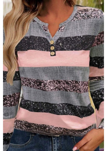 Düğmeli Blok Desenli Süprem Bluz - Pembe