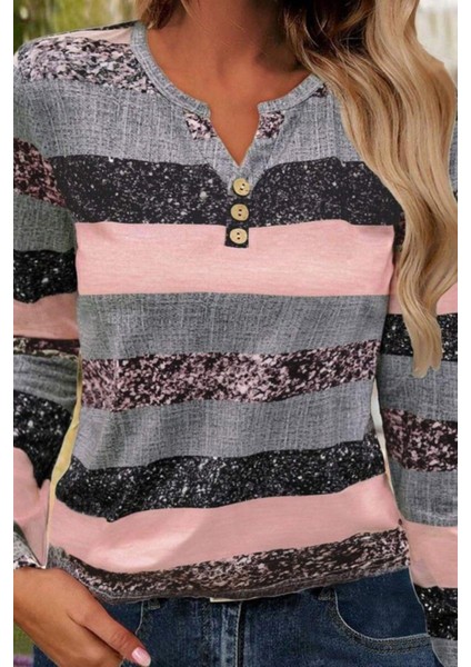 Düğmeli Blok Desenli Süprem Bluz - Pembe modelleri