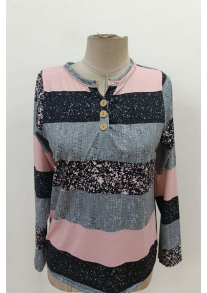 Düğmeli Blok Desenli Süprem Bluz - Pembe fırsatları