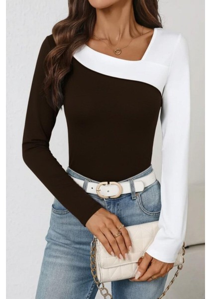 Geometrik Yaka Çift Renkli Viskon Bluz - Kahve