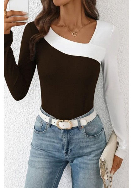 Geometrik Yaka Çift Renkli Viskon Bluz - Kahve fiyatları