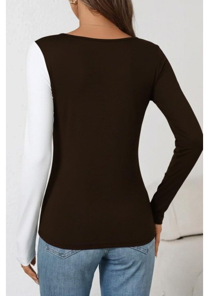 Geometrik Yaka Çift Renkli Viskon Bluz - Kahve modelleri