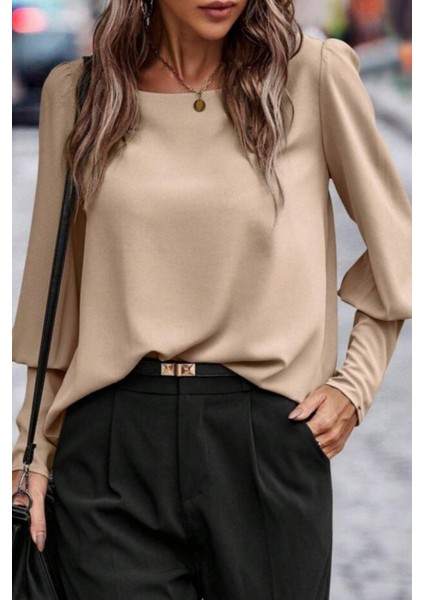 Yuvarlak Yaka Düğmeli Ithal Krep Bluz - Bej