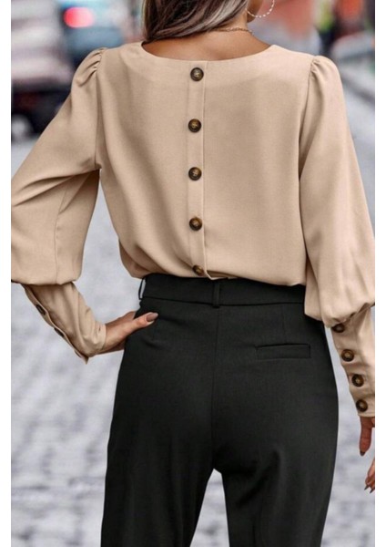 Yuvarlak Yaka Düğmeli Ithal Krep Bluz - Bej fiyatları
