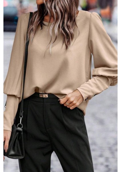 Yuvarlak Yaka Düğmeli Ithal Krep Bluz - Bej modelleri