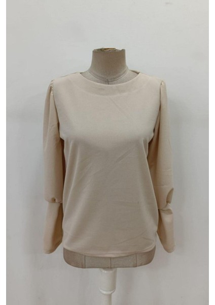 Yuvarlak Yaka Düğmeli Ithal Krep Bluz - Bej fırsatları