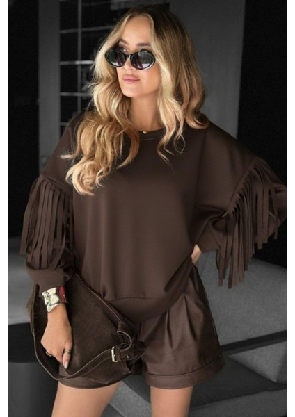 Bisiklet Yaka Püskül Detaylı Modal Bluz - Kahve