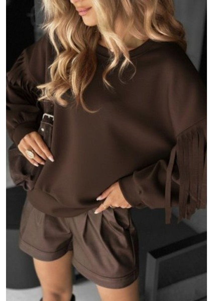 Bisiklet Yaka Püskül Detaylı Modal Bluz - Kahve fiyatları