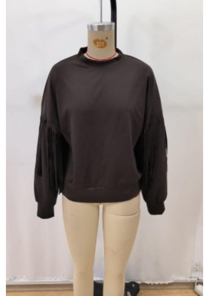 Bisiklet Yaka Püskül Detaylı Modal Bluz - Kahve fırsatları