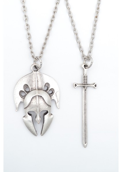 2'li Savaşçı Kılıç - Gladyatör Miğfer Gümüş Kaplama Kolye Seti