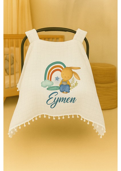 Kişiye Özel Isimli Tavşan Desenli Puset Örtüsü - Bebek Arabası Örtüsü