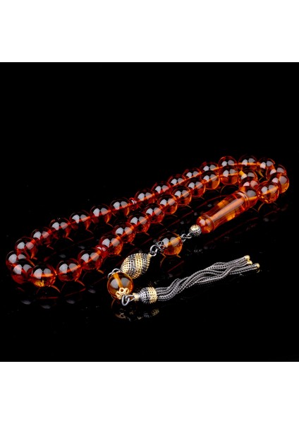 Çift Renk 925 Ayar Gümüş Püsküllü Çay Renk Damla Kehribar Tesbih