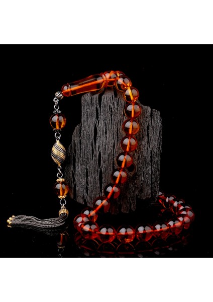 Çift Renk 925 Ayar Gümüş Püsküllü Çay Renk Damla Kehribar Tesbih fiyatları