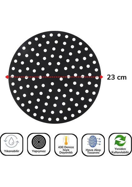 Siyah Isıya Dayanıklı Yıkanılabilir Silikon Fırın ve Airfryer Yuvarlak Model Pişirme Matı 23 cm