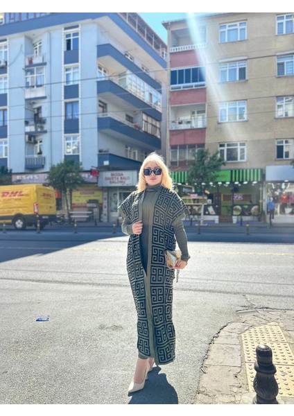 Siyah Çizgi Desenli Elbiseli Hırka Triko Takım Haki modelleri