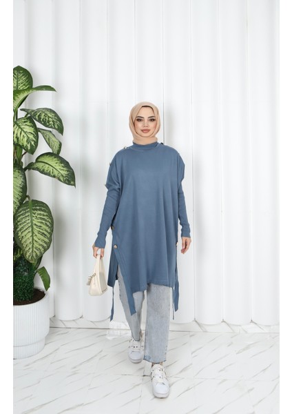 Düğme Detaylı Merserize Tunik