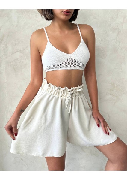 Volanlı Keten Şort Bej S255058 fırsatları