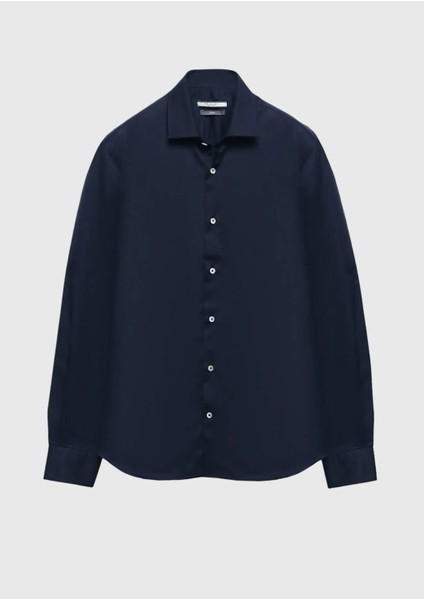 Lacivert Regular Fit Dokuma Klasik %100 Pamuk Gömlek