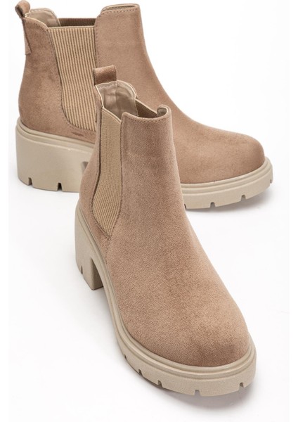 Kadın Topuklu Bot Vizon Süet Yan Elastik Fermuarsız Kalın Taban