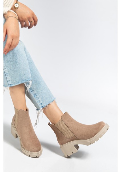 Kadın Topuklu Bot Vizon Süet Yan Elastik Fermuarsız Kalın Taban fiyatları