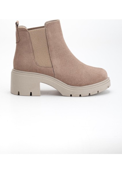 Kadın Topuklu Bot Vizon Süet Yan Elastik Fermuarsız Kalın Taban modelleri