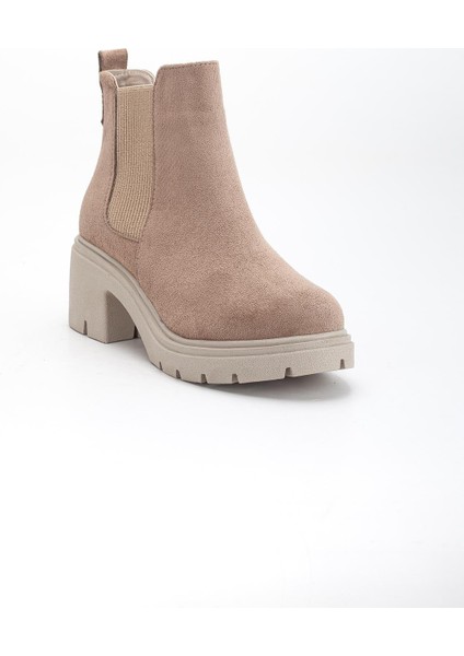 Kadın Topuklu Bot Vizon Süet Yan Elastik Fermuarsız Kalın Taban fırsatları