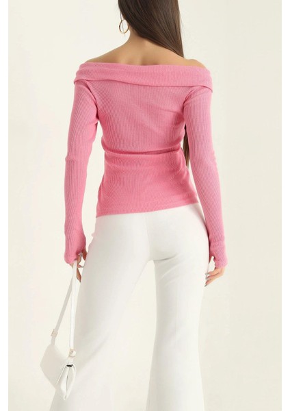 Kayık Yaka Parmak Geçmeli Fitilli Bluz Pembe modelleri