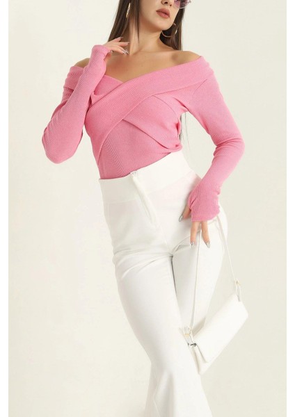 Kayık Yaka Parmak Geçmeli Fitilli Bluz Pembe fırsatları