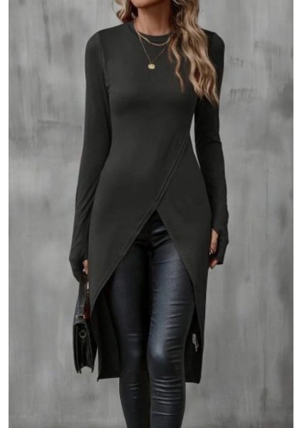 Bisiklet Yaka Çapraz Kesim Viskon Bluz Siyah