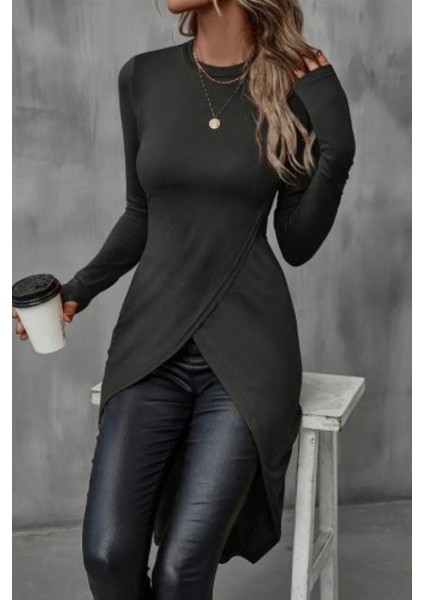 Bisiklet Yaka Çapraz Kesim Viskon Bluz Siyah modelleri