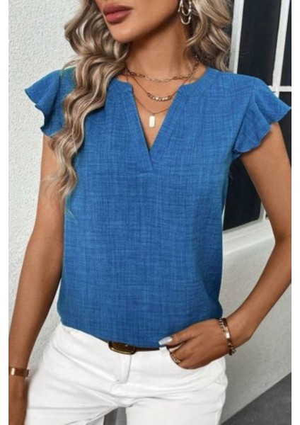 Fırfır Kol Detaylı V Yaka Bluz - Mavi