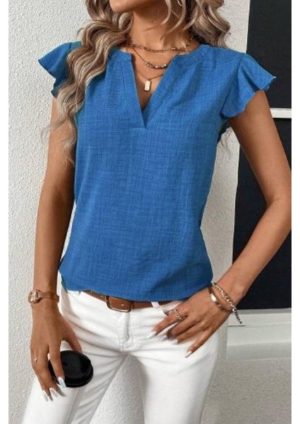 Fırfır Kol Detaylı V Yaka Bluz - Mavi fiyatları