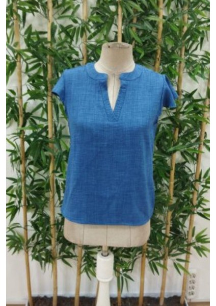 Fırfır Kol Detaylı V Yaka Bluz - Mavi modelleri