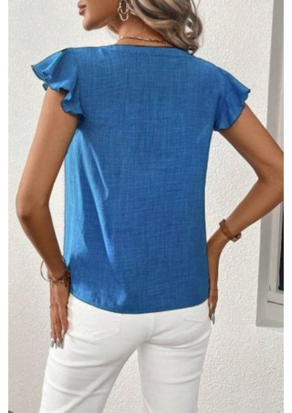 Fırfır Kol Detaylı V Yaka Bluz - Mavi fırsatları