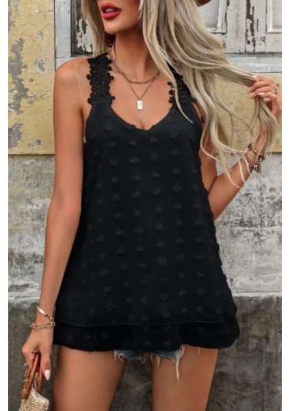 Dantel Askılı Ponpon Bluz - Siyah