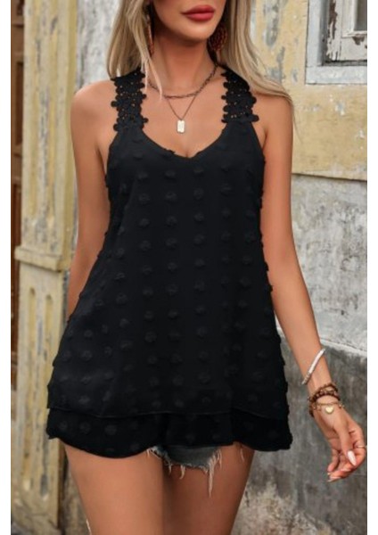 Dantel Askılı Ponpon Bluz - Siyah fiyatları