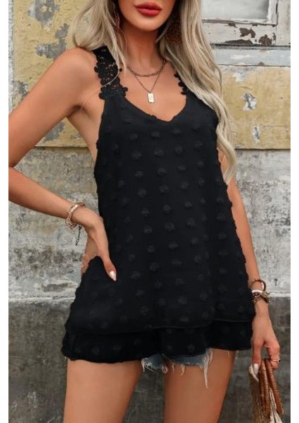 Dantel Askılı Ponpon Bluz - Siyah modelleri